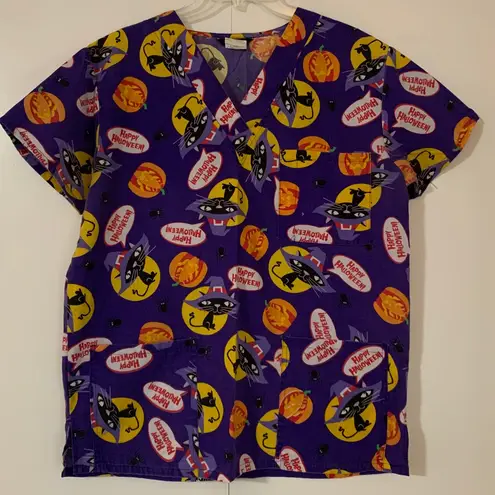 Just Love Halloween Cats Pumpkin Scrub Top 3 Pockets Med/Lrg