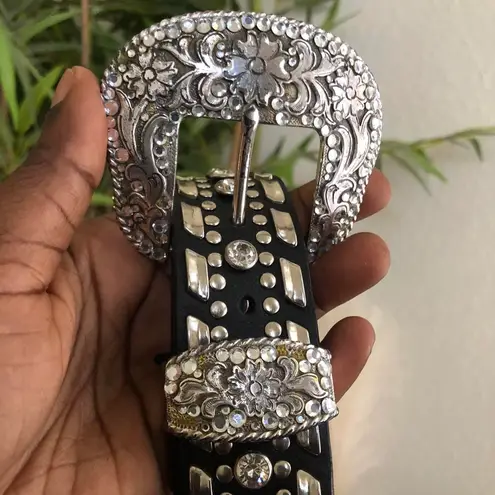 Nocona 2000s Grunge Black Silver Genuine Leather Chunky Festival Indie Hippie Rhinestone Studded Belt Large Buckle Size XL