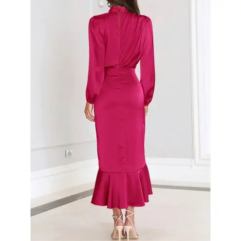 NEW Satin Mock Neck Cocktail Midi Dress Wrap Ruched Ruffle M Size M