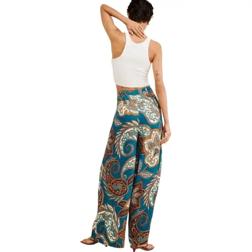 Farm Rio Leopard Paisley Printed Wide Leg Flowy Satin Pants Small Boho $198