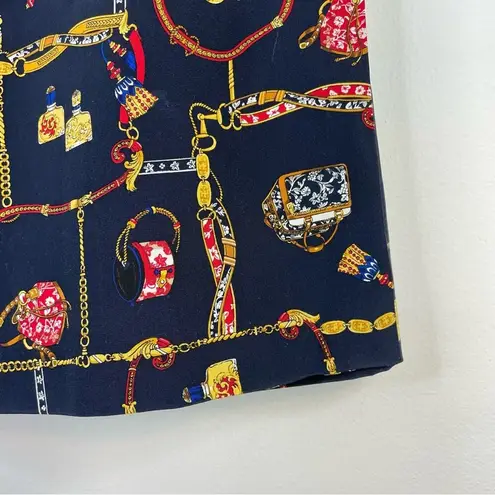 Petite Sophisticate Vintage Y2K Classic Horsebit Chain Ribbon Floral Navy Blue Silk Wrap Skirt 4P 4