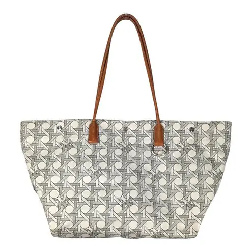 Tory Burch  Canvas Basketweave Tote New Ivory Cotton Leather Handles Medium Size