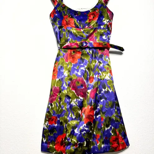 Maggy London multicolor floral bodycon belted cocktail mini dress size 8 NWT