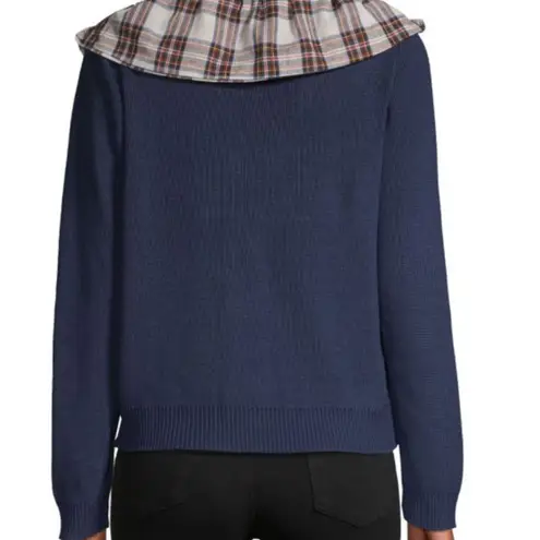 English Factory NWOT Navy Cardigan with Plaid Ruffle Size M