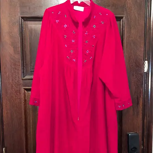 Vintage Vanity Fair Red Embroidered Long Sleeve House Dress Size XXL