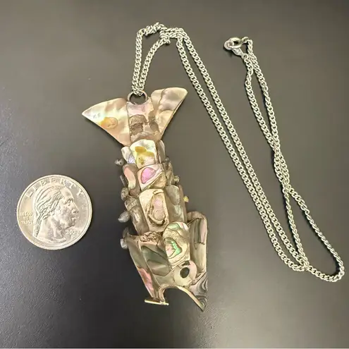Vintage 60s Sterling Silver Abalone Shell Articulated Fish Bottle Opener Pendant