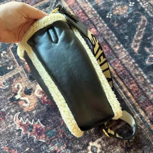 Stella McCartney Leather Black Cream Faux Fur Trim Shoulder Bag Open Purse