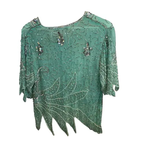 Vintage 90s Beaded Sequin Seagreen Fairycore Asymmetrical Hem Formal Festive Green