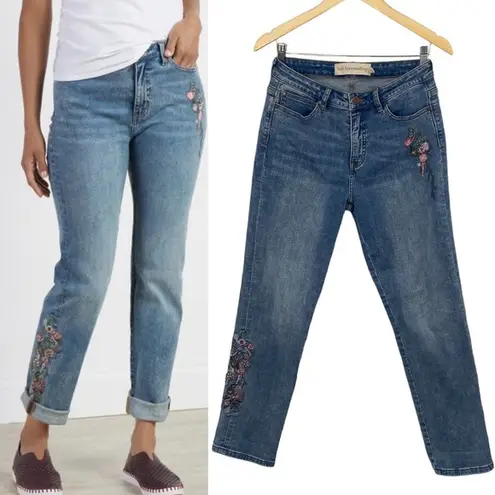 Soft Surroundings Embroidered Floral Jeans Beaded Embellished Boyfriend Fit 4
