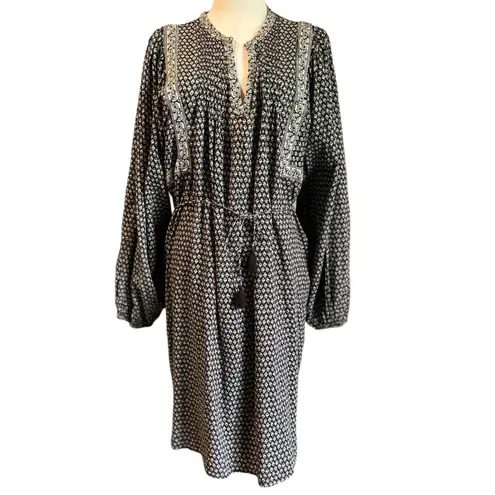 Old Navy  Swing Shift Dress SZ LG Black W/ Cream Floral Belt Pockets Peasant Boho