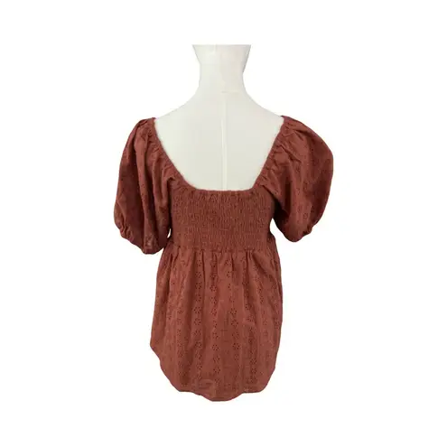 Baevely Rust Eyelet Puff Sleeve Peplum Top Women’s Size Large Orange