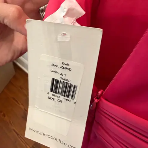 Theia Fuschia Satin Pleated Neck Bow Back Midi Cocktail Dress Pink Size 4