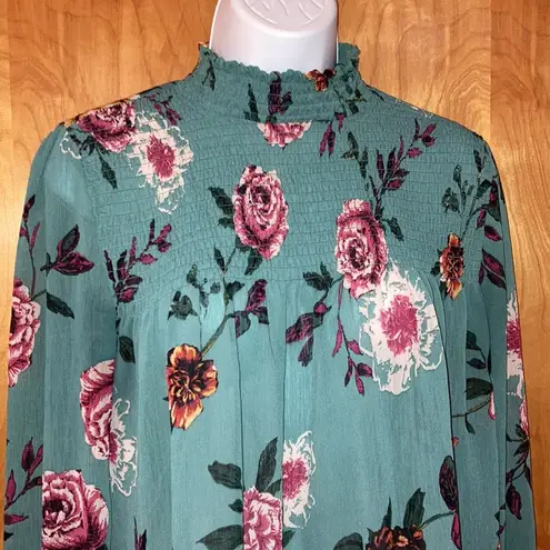 About A Girl Teal Floral Sheer Long Sleeve Top Size Medium