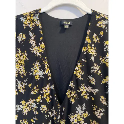 AFRM Tezza Black & Yellow Floral Ruched Mesh Midi Long Sleeves Dress Womens XS