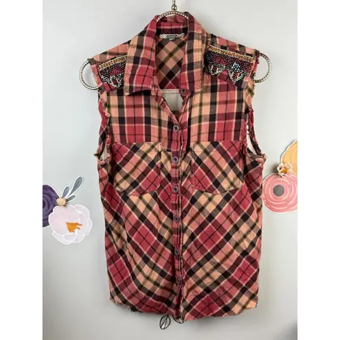 Gilly Hicks  Plaid Embroidered Beaded Cut-off Shirt - Size - Small