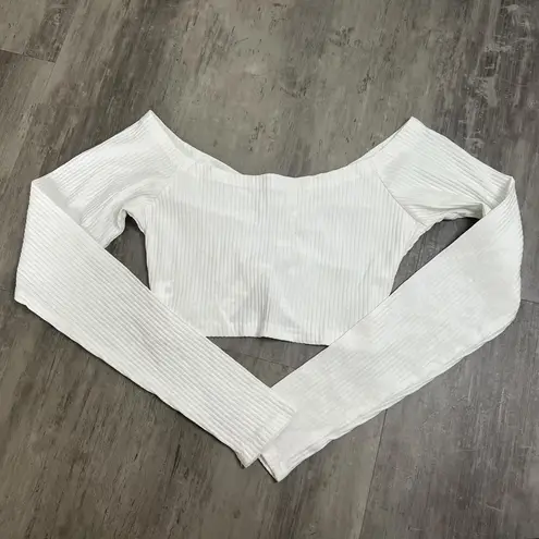 Off Shoulder Ribbed/Ruched Crop Long Sleeve Shirt White Size Small