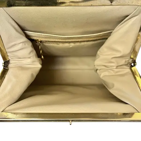 Vintage Genuine Lizard Brown Leather Frame Handbag with Oscar de la Renta Scarf