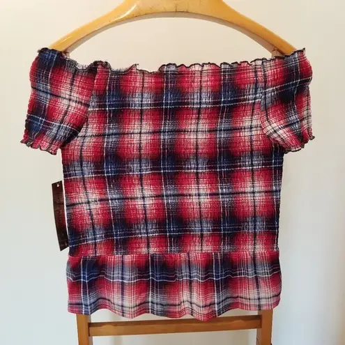 Almost Famous Plaid Red Blue White Off Shoulder