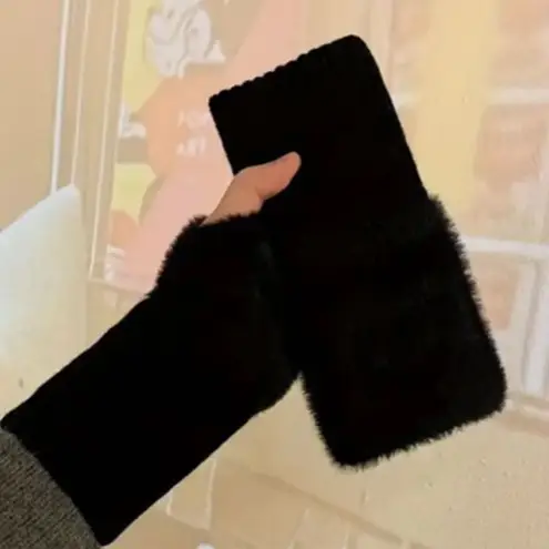 Cozy Black Fuzzy Fingerless Winter Gloves With Fleece Interior Lining