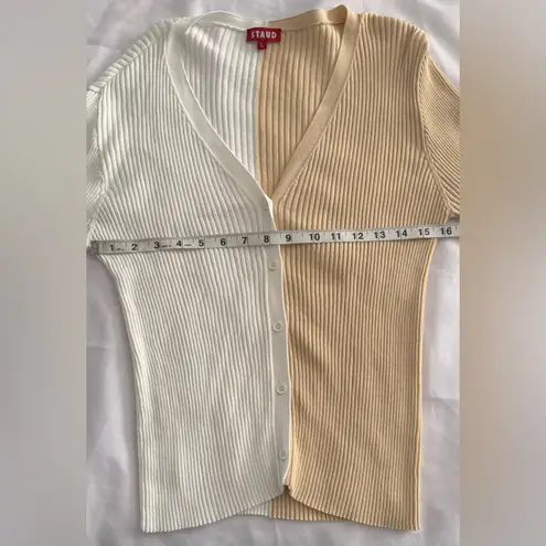 STAUD Ribbed Cream Tan Color Block Long Sleeve Cardigan L Elevated Quiet Luxury White Size L