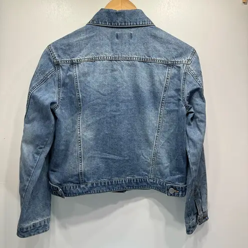 Maison Jules Y2K Blue Denim Jean Jacket Embroidered Metallic Stars on Sleeves by