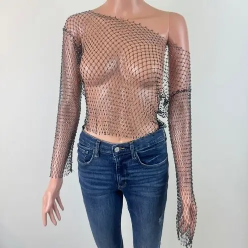 Women's Night Club Festival Party Bejeweled Mesh Crop Top Size Small Black