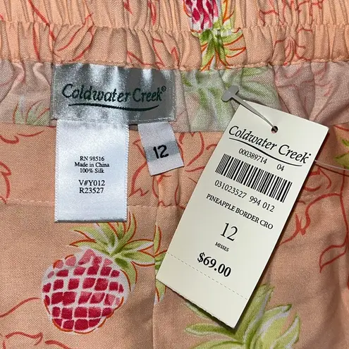 Coldwater Creek NWT Sz 12 Pineapple Border Print 100% Silk Cropped Pull-On Pants
