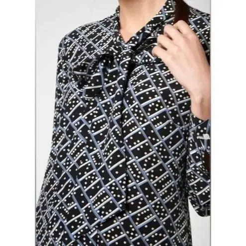 LK Bennett Dress Women 4 Black Blue Silk Domino Tie Neck Lotte Mini Shirt Dress