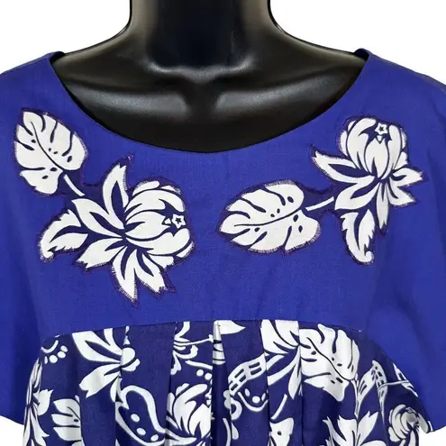 Vintage 100% Cotton Hawaiian Floral Print Midi Dress Size Medium Blue