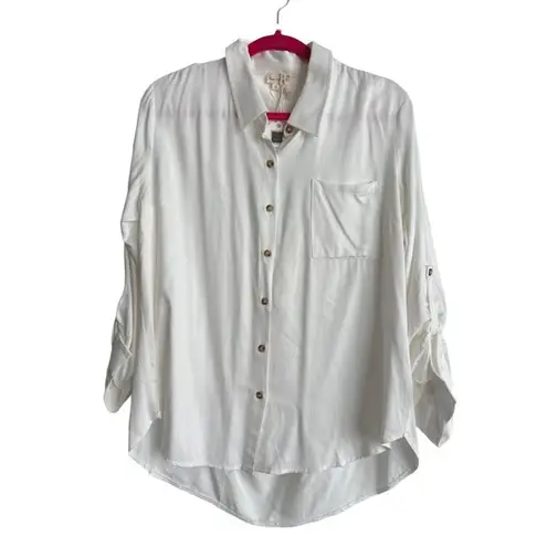 Hem & Thread  Womens White Collared Button Up Roll Tab Sleeves Blouse New Large L