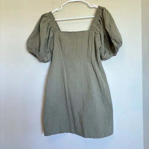 SNDYS Revolve Dress L Olive Tuscany Linen Mini Puff Sleeves Cottagecore Party Green Size L
