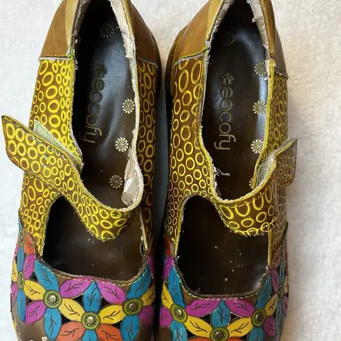 Socofy Leather 7 Mary Jane Shoe Flower Embossed Blue Yellow Green Platform Brown