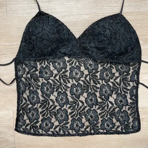 Passport Vintage Y2K Black Floral Sequin Fairy Sheer Open Back Halter Tank Top