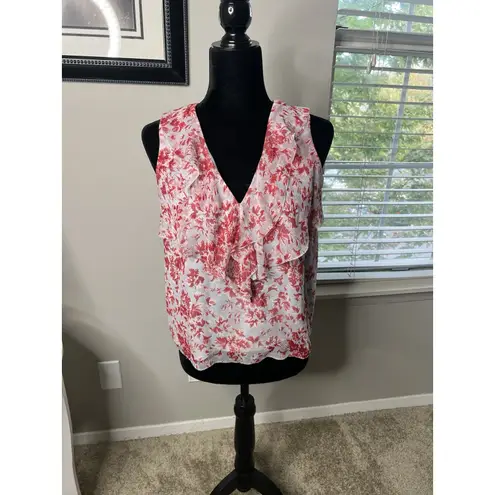 Intermix Red White Floral Silk Ruffle Sleeveless Blouse Top Size Small