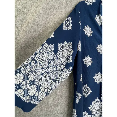 Portocruz Navy White Boho Floral Print Tunic Cover Up XL Tasseled V