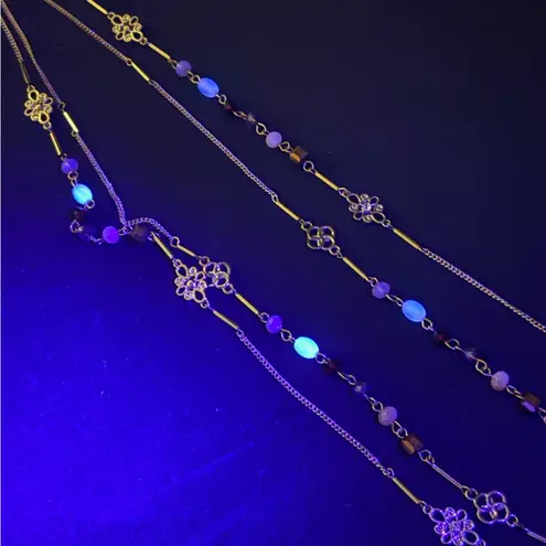 Vintage Uranium Vaseline Glass Bead Long Double Strand Necklace Gold Tone