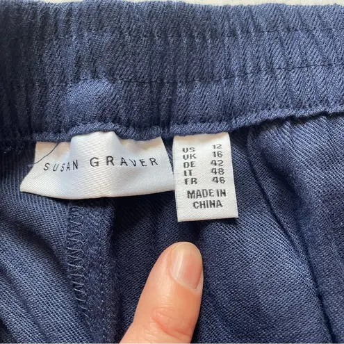 Susan Graver Linen Blend Ankle Pants Crochet Detail Navy Blue Size 12