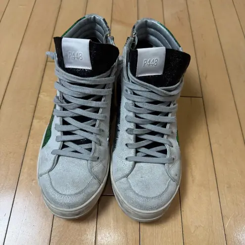 P448 Skate High Top Sneakers Silver & Green Faux Snakeskin Pattern Size 39 / 9