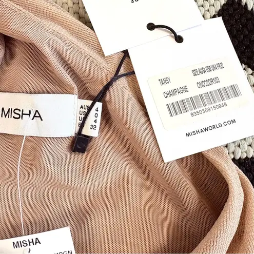 Misha Collection MISHA Tansy Ruched Sparkle Mesh Midi Dress in Champagne