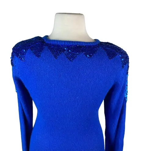 Vintage Blue Nilani  Sequin Sweater Dress Sz M Silk Angora‎ Runs Small Hong Kong