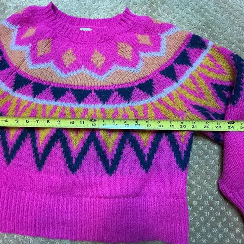 A New Day  Bright Pink Fair Isle Retro Flare Crewneck Fuschia SZ L Sweater Cabin