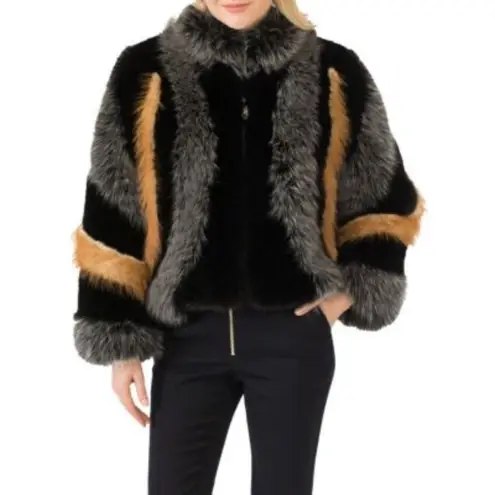 NWT Belle Fare Oversized Faux Fur Coat Multicolor Fur Block Zip Jacket Size M Black Size M