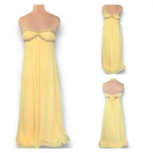 Cache Vintage  Dress Yellow Convertible Strap Jewel Open Bow Detail Back Maxi