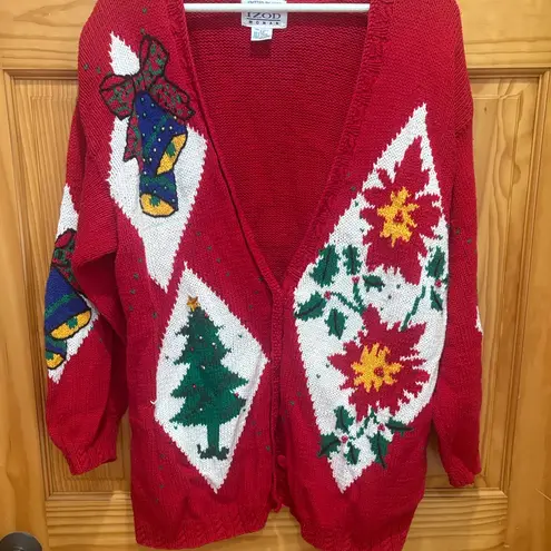 IZOD Vintage Size XL Oversized Chunky Red Christmas Holiday Cardigan Sweater.