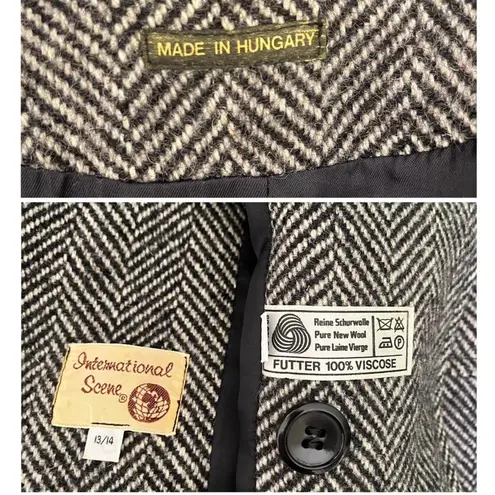 Vintage International Scene Pure New Wool Herringbone Coat Size 13/14 Black Size L
