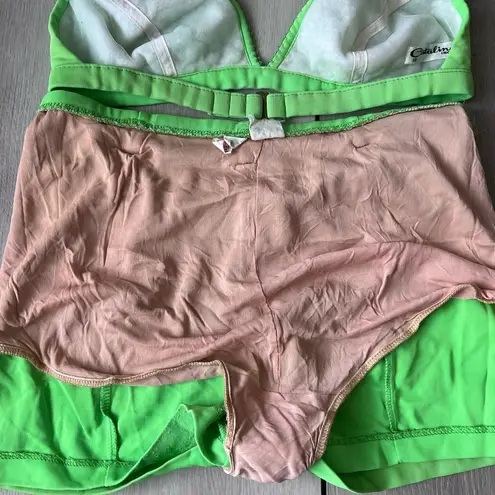 Catalina Vintage 70s  Swimsuit Neon Green Retro Pinup Style High Waist Bottoms 10