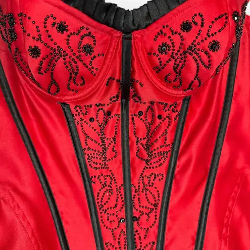 VTG Red and Black Beaded Corset Boustier Lingerie Sexy Christmas Size Small