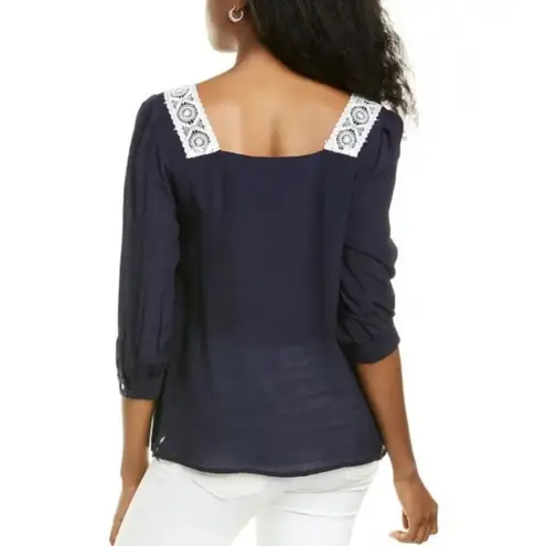 Nanette Lepore Navy Blue White Lace Blouse Top 3/4 Puff Sleeve Square Neck S