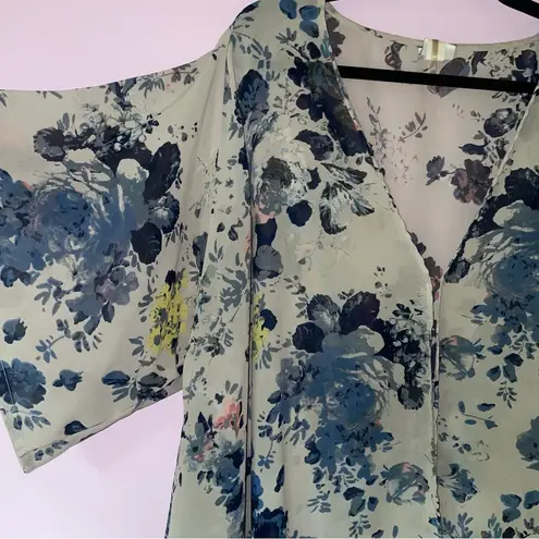 Sonoma  2X Sheer Cardigan Gray w Blue Floral Chiffon Longline Swim Kimono