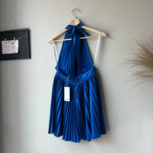 L’IDEE Renaissance Moroccan Blue Pleated Satin Crisscross Halter Mini Dress NWT Size 8